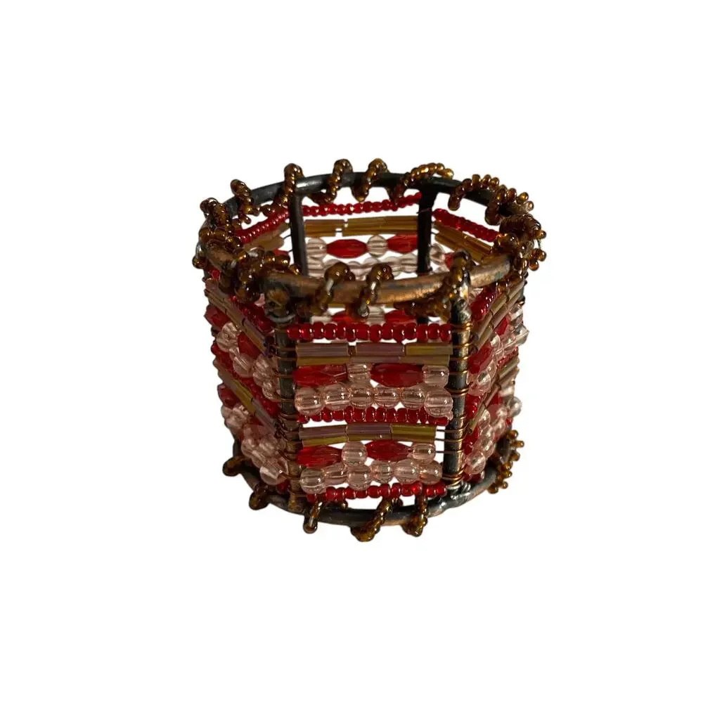 Pier 1 Beaded Napkin Rings Set of 8 Red Copper Moroccan Boho Table Decor